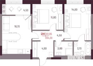 2-к квартира, вторичка, 62м2, 13/25 этаж