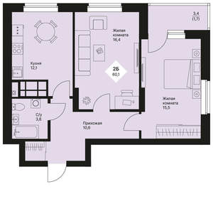 2-к квартира, вторичка, 60м2, 18/25 этаж