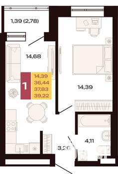 1-к квартира, вторичка, 39м2, 2/30 этаж