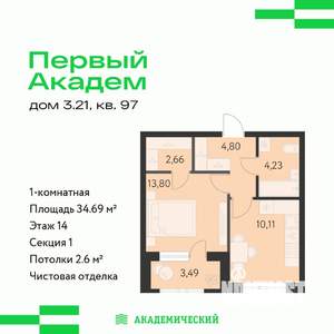 1-к квартира, вторичка, 35м2, 14/25 этаж