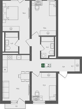 3-к квартира, вторичка, 84м2, 4/4 этаж