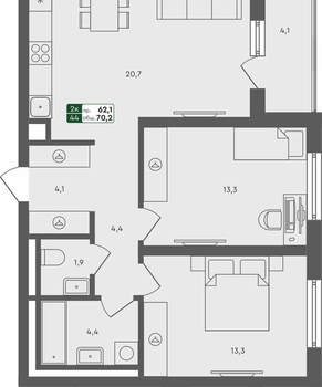 2-к квартира, вторичка, 70м2, 1/4 этаж