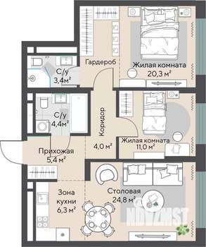 2-к квартира, строящийся дом, 73м2, 22/27 этаж