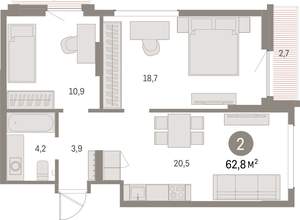 2-к квартира, вторичка, 63м2, 9/9 этаж