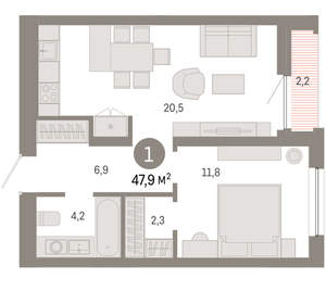 1-к квартира, вторичка, 48м2, 5/16 этаж