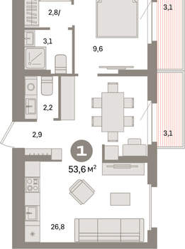 1-к квартира, вторичка, 54м2, 9/9 этаж