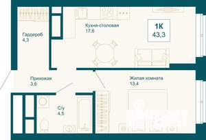 1-к квартира, вторичка, 43м2, 9/21 этаж