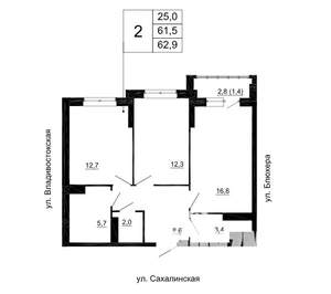 2-к квартира, строящийся дом, 63м2, 22/24 этаж