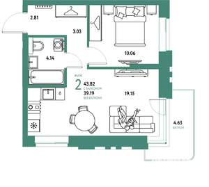 2-к квартира, строящийся дом, 44м2, 4/25 этаж