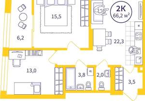 2-к квартира, вторичка, 63м2, 7/32 этаж