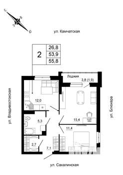 2-к квартира, строящийся дом, 56м2, 8/24 этаж