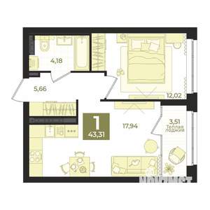 1-к квартира, вторичка, 43м2, 11/12 этаж