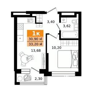 1-к квартира, строящийся дом, 33м2, 2/25 этаж