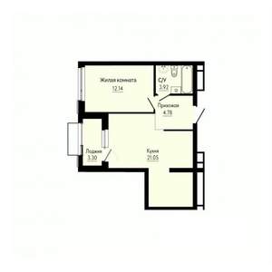 1-к квартира, строящийся дом, 44м2, 24/30 этаж