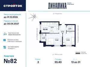 2-к квартира, вторичка, 55м2, 13/33 этаж