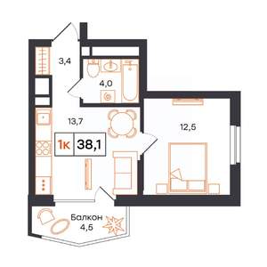 1-к квартира, вторичка, 38м2, 9/21 этаж
