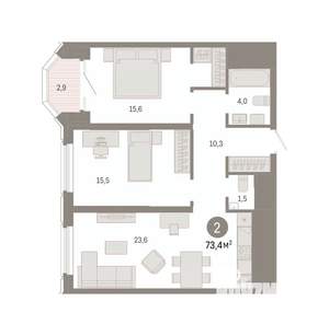 2-к квартира, вторичка, 73м2, 22/24 этаж