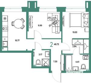 2-к квартира, строящийся дом, 49м2, 2/24 этаж