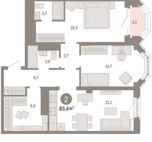 2-к квартира, вторичка, 83м2, 4/24 этаж