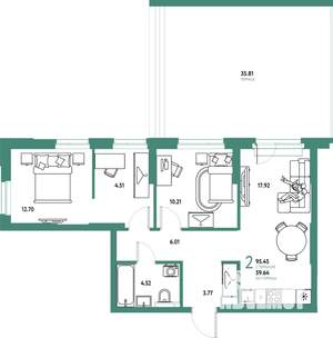 2-к квартира, строящийся дом, 95м2, 2/25 этаж