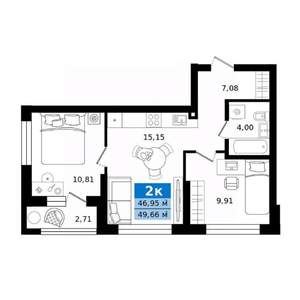 2-к квартира, строящийся дом, 50м2, 2/27 этаж