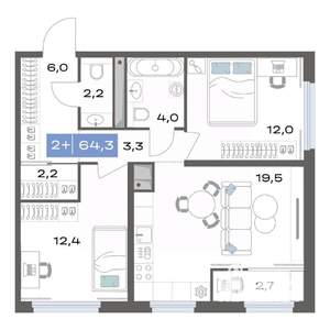 2-к квартира, строящийся дом, 64м2, 12/17 этаж