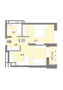 1-к квартира, строящийся дом, 41м2, 17/23 этаж