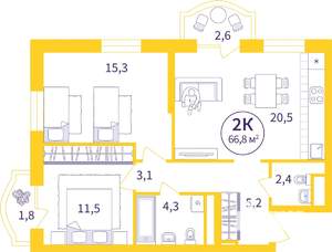 2-к квартира, сданный дом, 64м2, 6/8 этаж