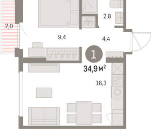 1-к квартира, вторичка, 35м2, 6/9 этаж
