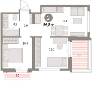 2-к квартира, вторичка, 57м2, 8/9 этаж