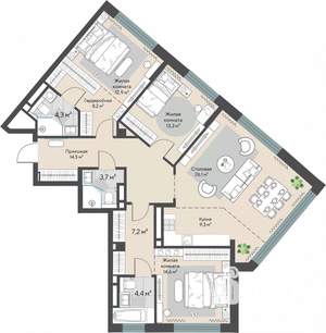3-к квартира, строящийся дом, 118м2, 25/27 этаж