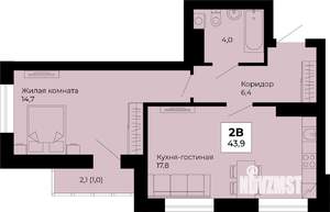 1-к квартира, строящийся дом, 44м2, 6/25 этаж