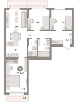 3-к квартира, вторичка, 88м2, 8/9 этаж