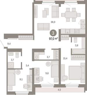 3-к квартира, вторичка, 97м2, 8/9 этаж