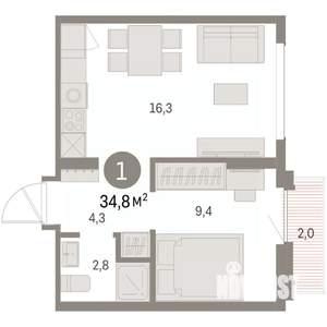 1-к квартира, вторичка, 35м2, 9/9 этаж