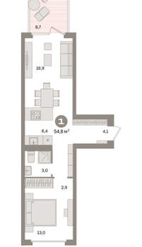 1-к квартира, вторичка, 55м2, 2/16 этаж