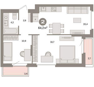 2-к квартира, вторичка, 64м2, 7/9 этаж