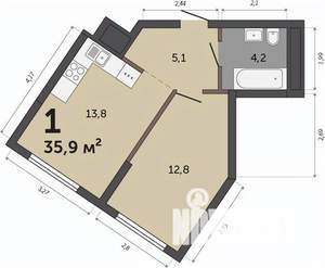 1-к квартира, строящийся дом, 36м2, 24/30 этаж