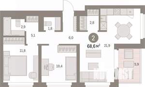 2-к квартира, вторичка, 69м2, 9/9 этаж