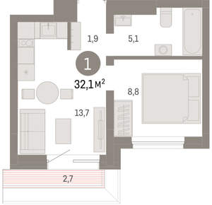 1-к квартира, вторичка, 32м2, 7/7 этаж