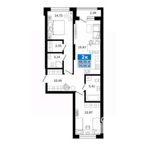 2-к квартира, строящийся дом, 71м2, 12/23 этаж