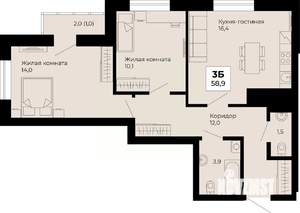 2-к квартира, строящийся дом, 59м2, 21/25 этаж
