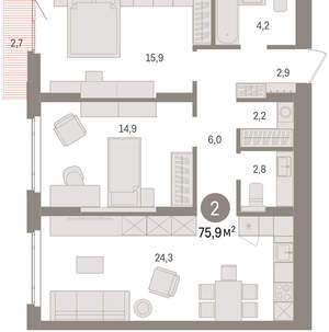2-к квартира, вторичка, 76м2, 9/16 этаж