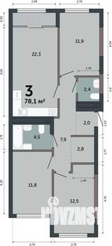 3-к квартира, строящийся дом, 78м2, 2/15 этаж