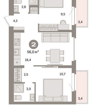 2-к квартира, вторичка, 56м2, 6/9 этаж