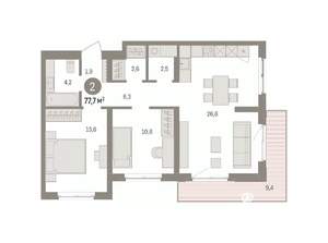 2-к квартира, вторичка, 78м2, 4/9 этаж