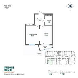 1-к квартира, вторичка, 44м2, 18/25 этаж