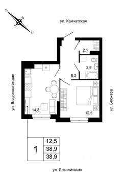 1-к квартира, строящийся дом, 39м2, 12/24 этаж