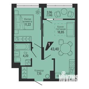 1-к квартира, вторичка, 43м2, 9/22 этаж