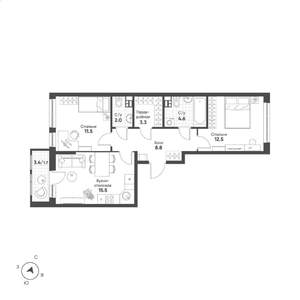 2-к квартира, строящийся дом, 60м2, 6/15 этаж